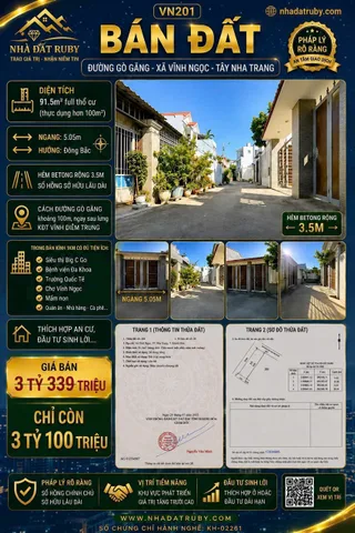 BÁN 91M ĐẤT HẺM ÔTÔ ĐƯỜNG GÒ GĂNG XÃ VĨNH NGỌC - TÂY NHA TRANG