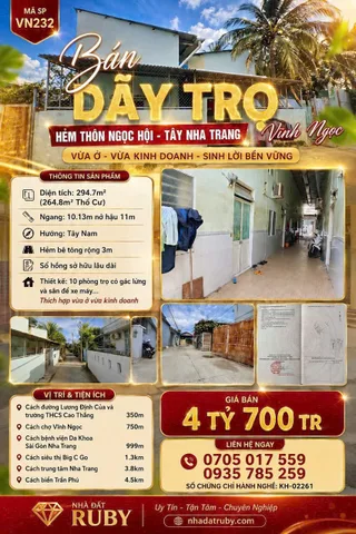 BÁN DÃY TRỌ HẺM LƯƠNG ĐỊNH CỦA - THÔN NGỌC HỘI - TÂY NHA TRANG (VĨNH NGỌC)