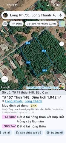 Bán Đất 1942m2 giá 6.5 tỷ tại Xã Suối Trầu Huyện Long Thành Đồng Nai