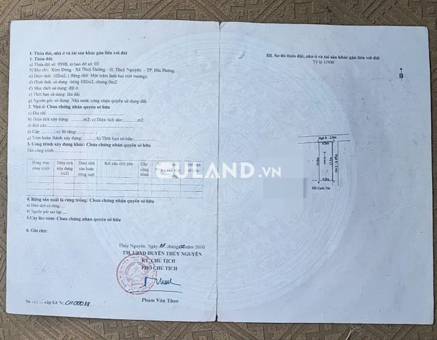 bán đất huyện Thủy Nguyên, xã Thủy Đường, lô góc 102 m2, tặng nhà c4, giá 1,75 tỷ