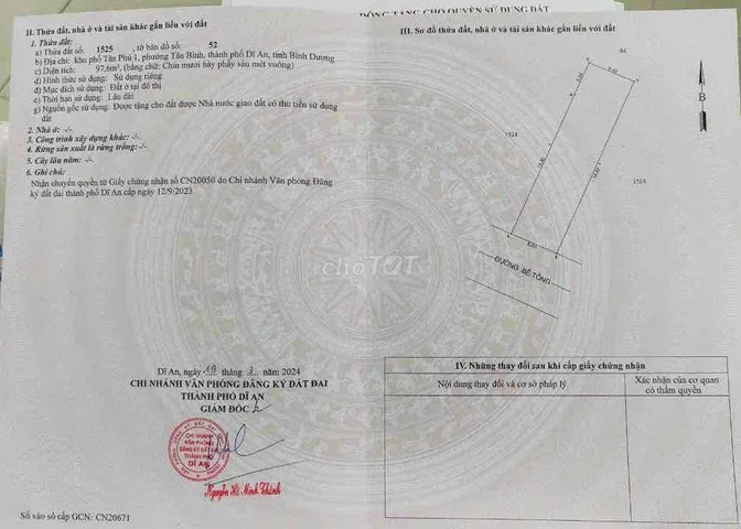 LÔ ĐẤT 100m2 SHR THỔ CƯ 100% - ĐƯỜNG LỚN - TRUNG TÂM TP DĨ AN BD